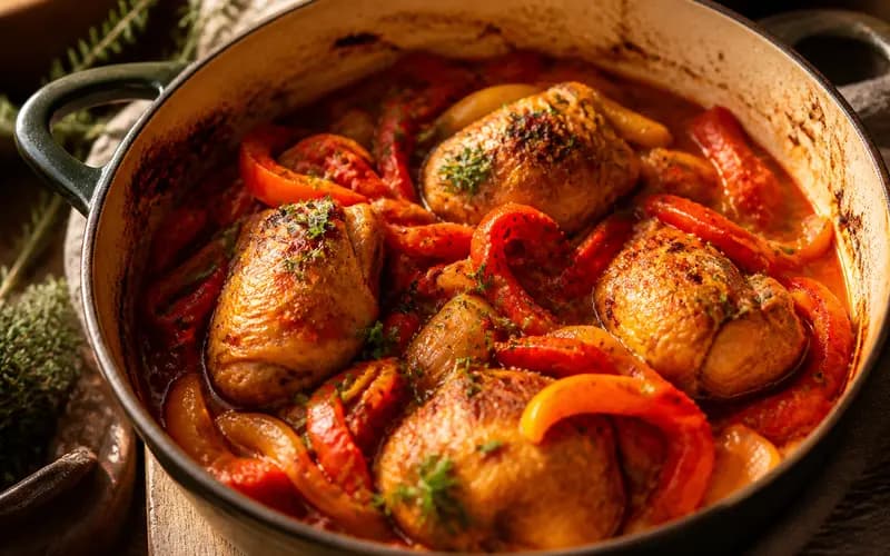 Poulet basquaise allégé & mijoté, recette française présentée dans une assiette