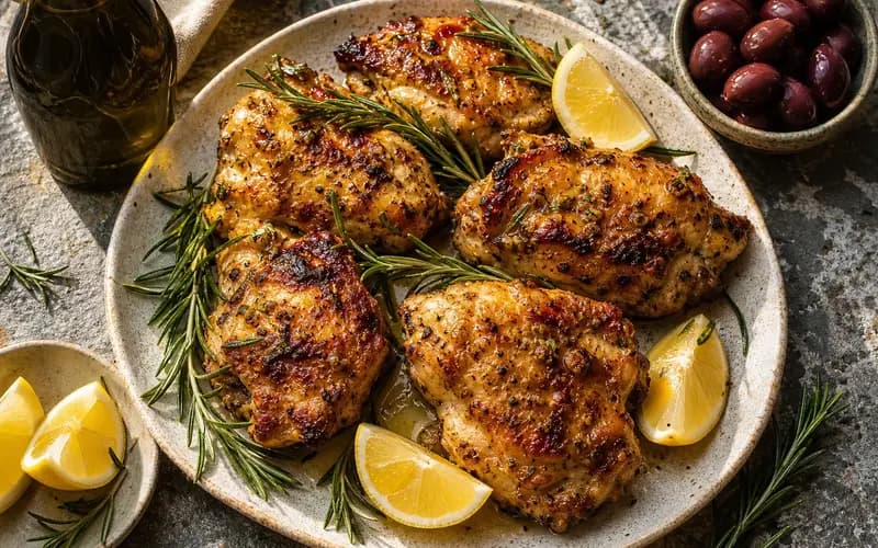 Poulet grillé ail et miel, recette grecque présentée dans une assiette