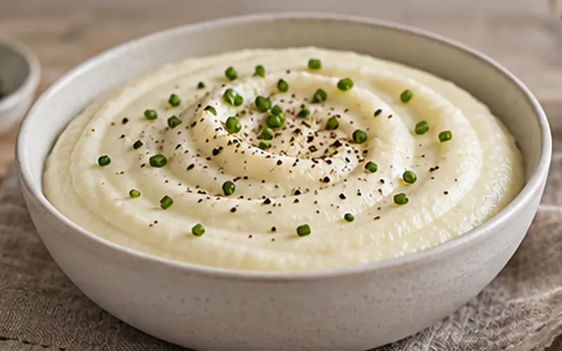 Purée de chou-fleur légère et lisse servie dans un bol clair avec ciboulette et poivre