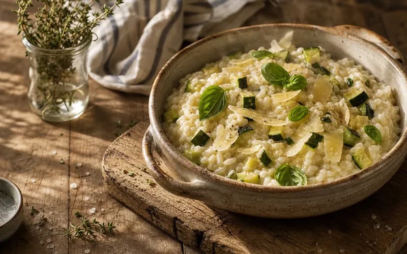 Risotto courgettes & basilic crémeux, recette italienne présentée dans une assiette