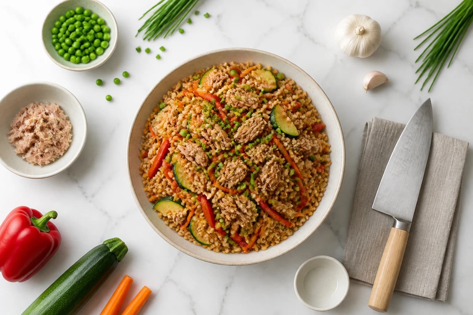 Riz sauté au thon et légumes colorés vu du dessus, grains brillants et texture croquante