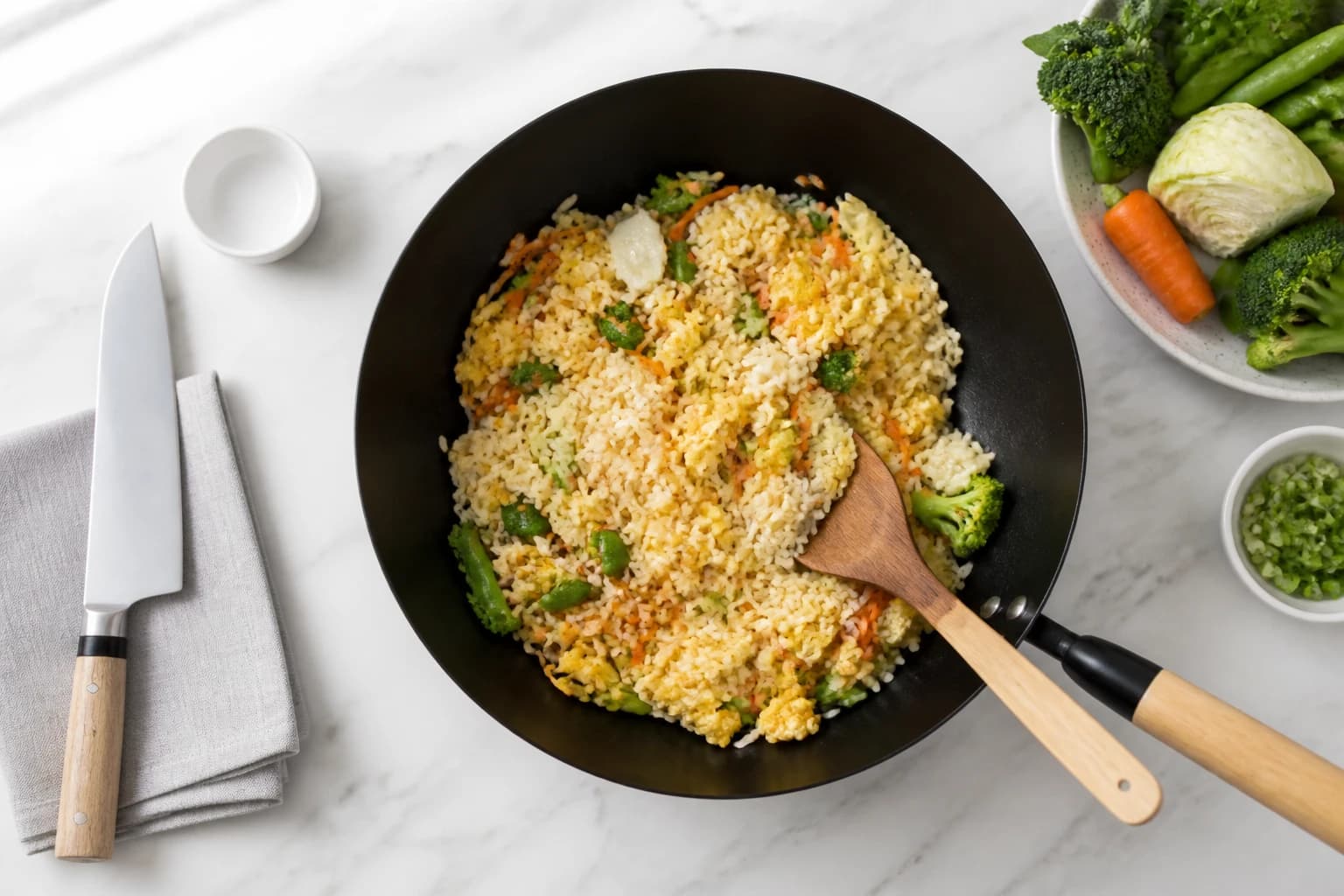 Etape 3 : Incorporer le riz et les oeufs — Riz sauté au thon et légumes anti-gaspi minceur