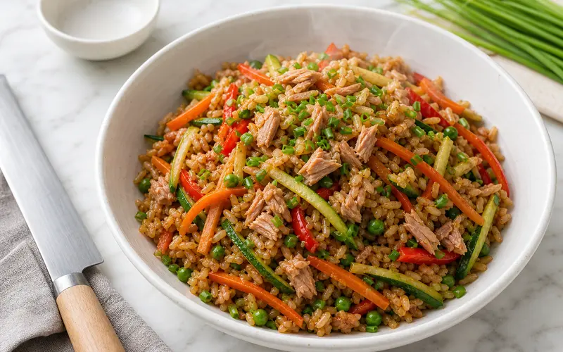 Riz sauté au thon et légumes colorés dans un wok, sauce soja brillante et herbes fraîches
