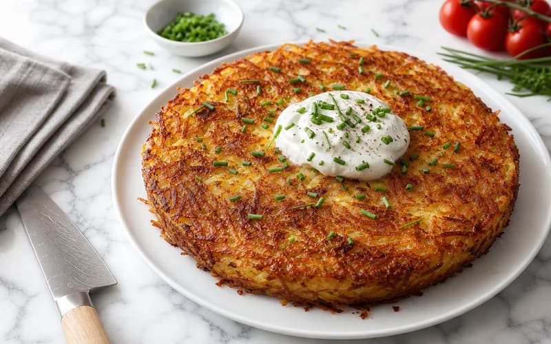 Rösti suisse doré et croustillant dans la poêle, surface caramélisée et bords bien grillés vue de dessus