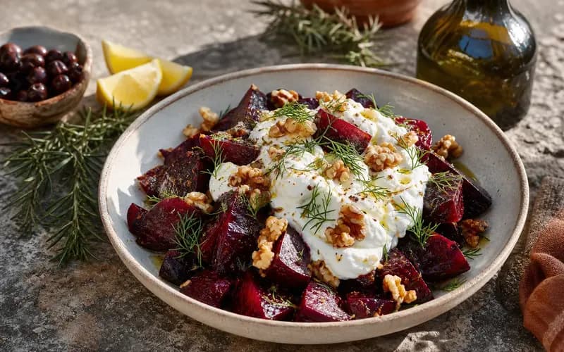 Salade de betterave au yaourt et noix, salade grecque fraîche et colorée