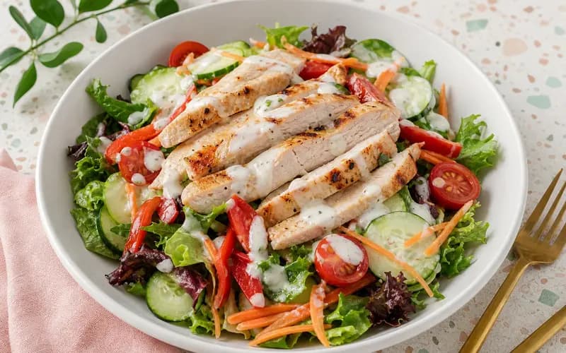 Salade de dinde froide aux crudités, tomates cerises et carottes, nappée d'une vinaigrette légère au yaourt