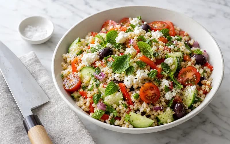Salade de riz complet avec feta, tomates cerises, concombre et olives noires dans un grand saladier, prête pour le batch cooking