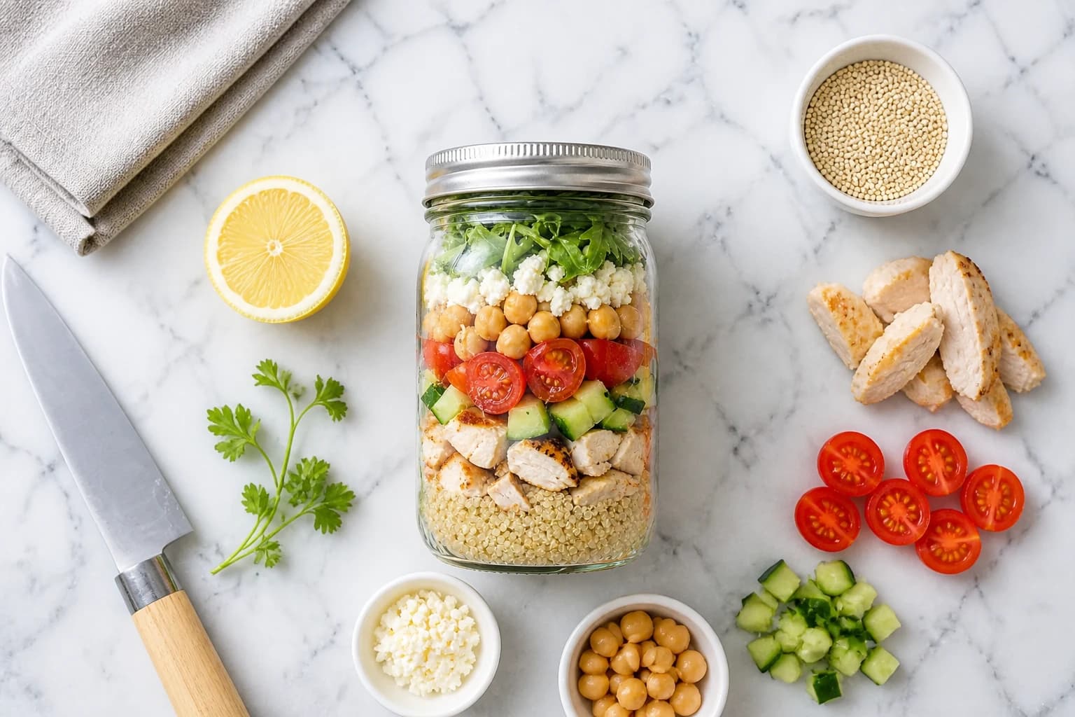 Salade jar quinoa poulet servie retournée dans une assiette avec légumes croquants et quinoa