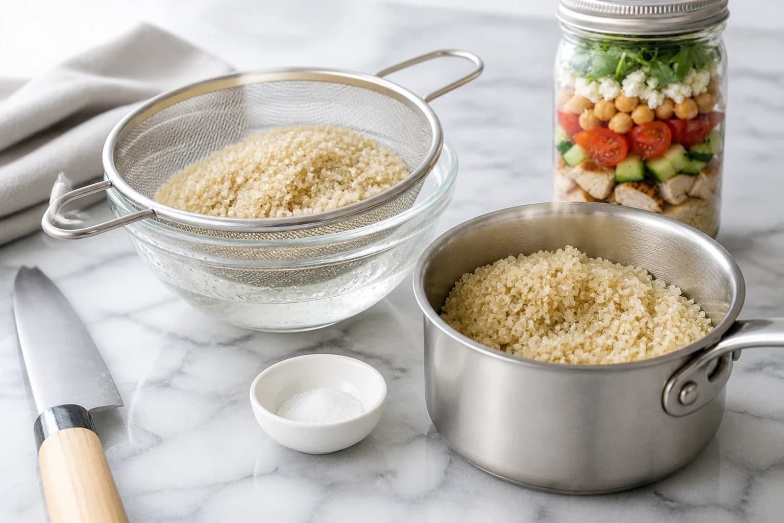 Etape 1 : Cuire le quinoa — Salade jar quinoa poulet : 5 couches
