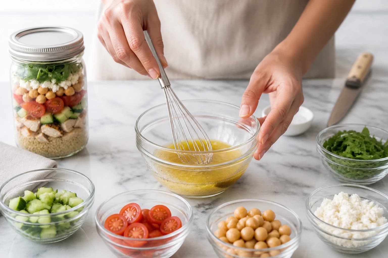 Etape 3 : Préparer la vinaigrette et les légumes — Salade jar quinoa poulet : 5 couches
