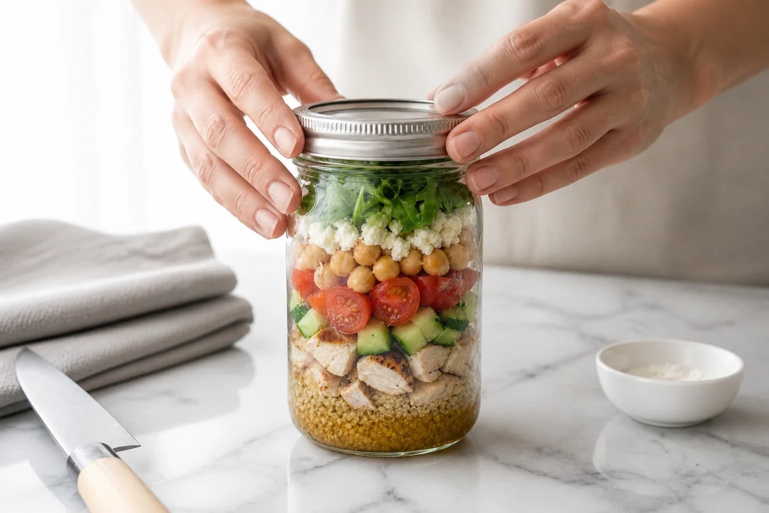 Etape 4 : Monter les bocaux en couches — Salade jar quinoa poulet : 5 couches