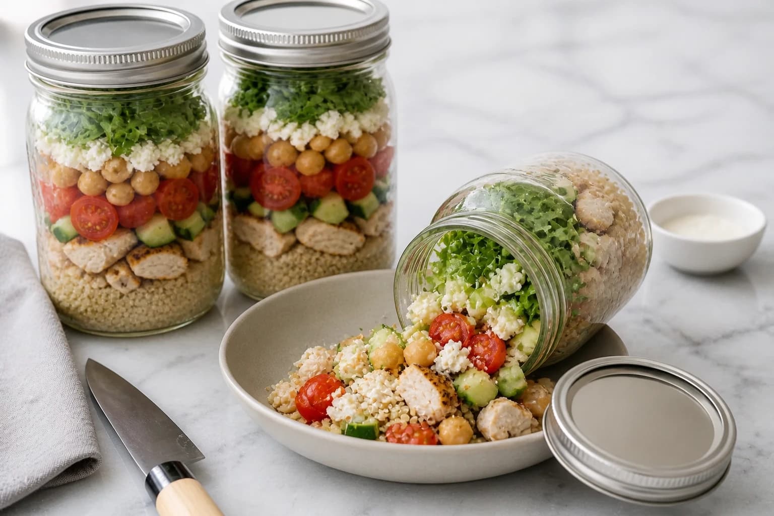 Etape 5 : Fermer, conserver et servir — Salade jar quinoa poulet : 5 couches
