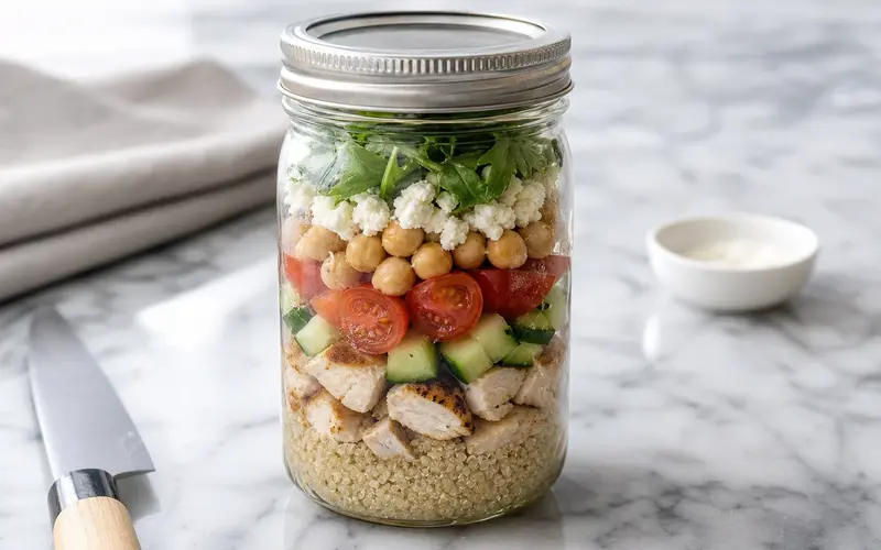Salade jar quinoa poulet montée en couches dans un bocal mason jar avec légumes croquants et herbes fraîches