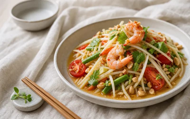 Salade thaï papaye verte & crevettes, recette thaïlandaise présentée dans une assiette