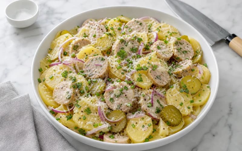 Salade strasbourgeoise allégée : pommes de terre en rondelles, knacks de volaille et cornichons dans un saladier