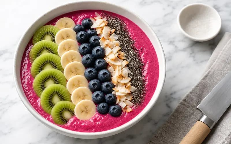 Smoothie bowl pitaya rose vif garni de rondelles de banane, fruits frais et graines de chia dans bol blanc
