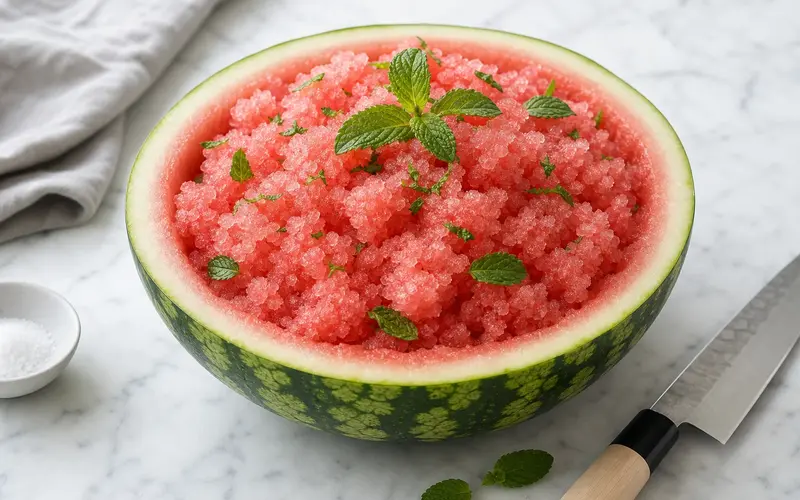 Slushie pastèque menthe glacé servi dans une demi-pastèque évidée avec feuilles de menthe et citron vert