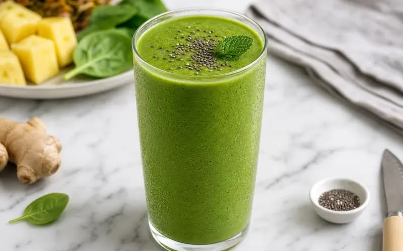 Smoothie vert épinards et ananas dans un grand verre, graines de chia et menthe fraîche