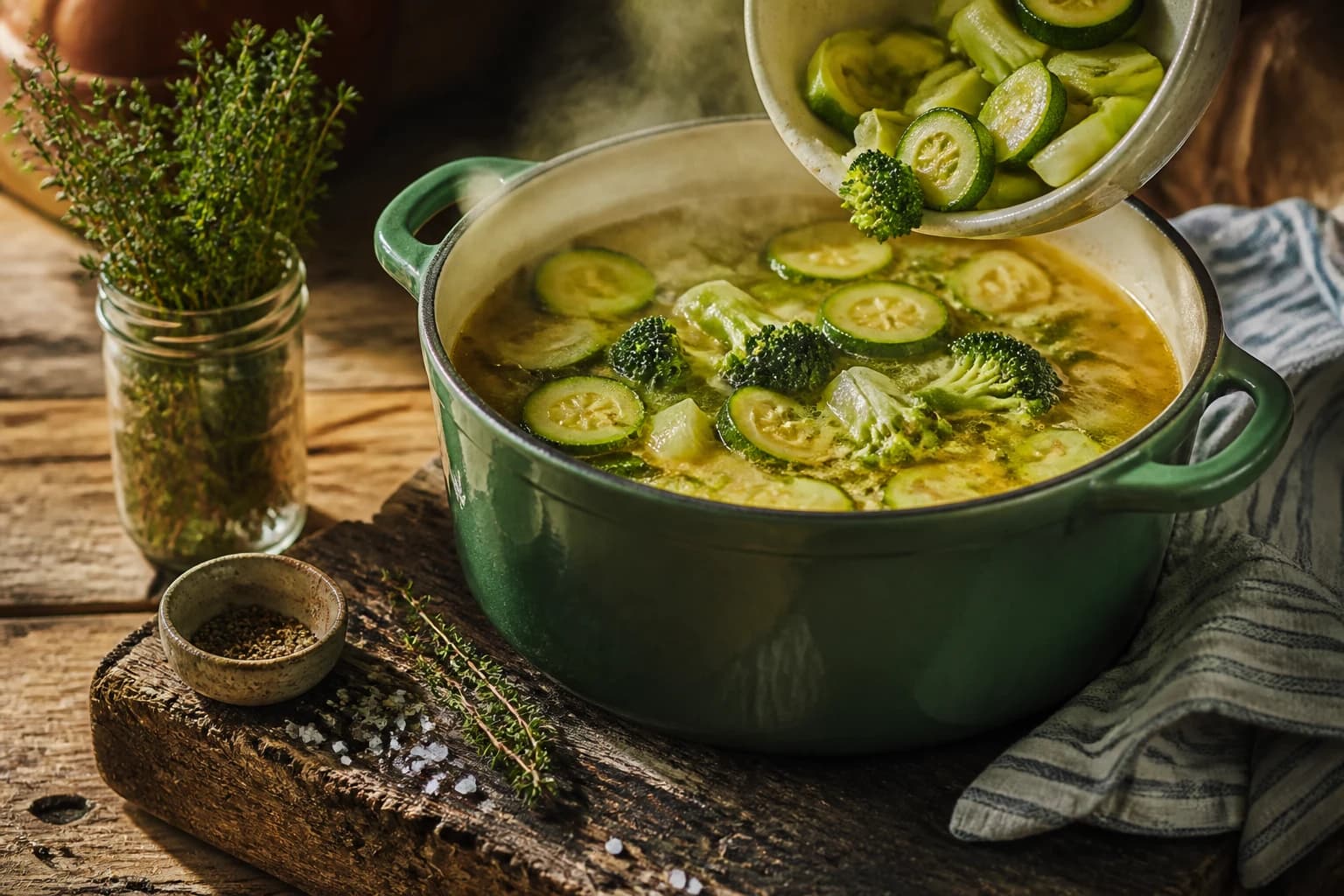Étape 2 : Ajouter les légumes et le bouillon — Soupe détox légumes verts : la recette anti-ballonnements