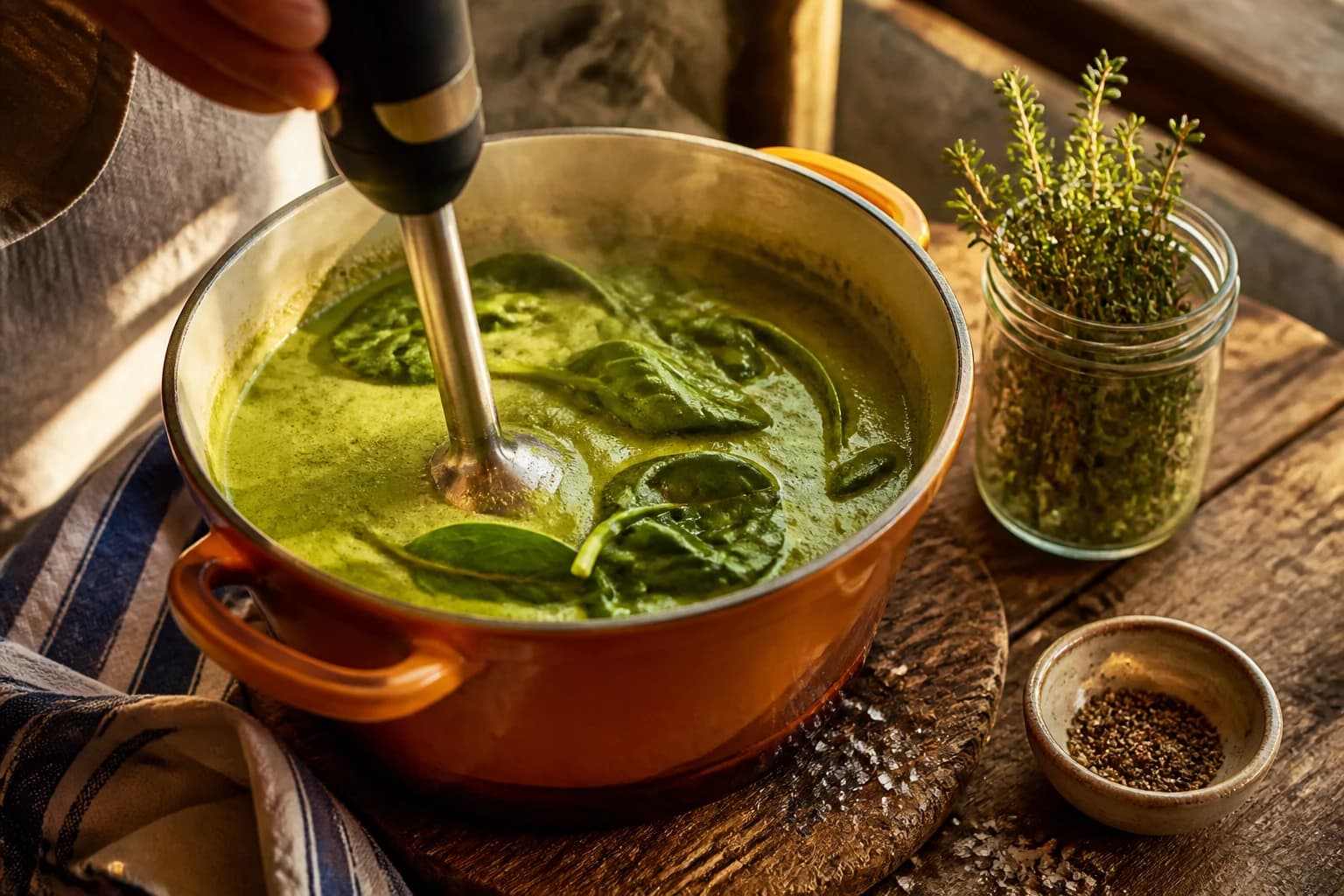 Étape 3 : Incorporer les épinards et mixer — Soupe détox légumes verts : la recette anti-ballonnements