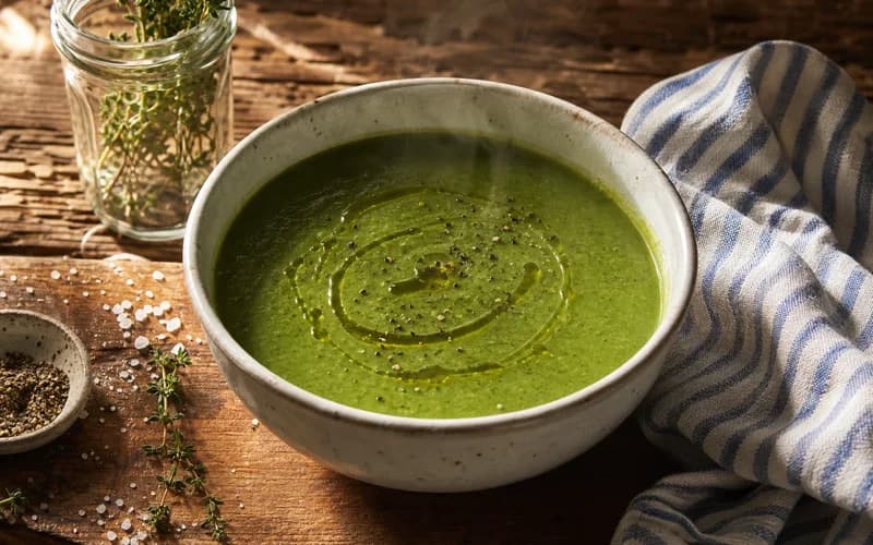 Velouté de soupe détox aux légumes verts brocoli et épinards servi dans un bol blanc avec un filet d'huile d'olive