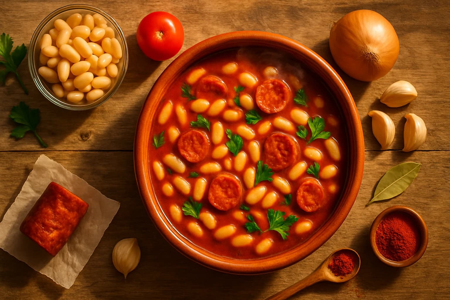 Soupe haricots blancs chorizo avec ingrédients disposés autour — cannellini, chorizo, paprika fumé sur bois rustique