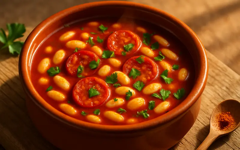 Bol de soupe espagnole réconfortante avec haricots blancs fondants, rondelles de chorizo rouge et paprika fumé