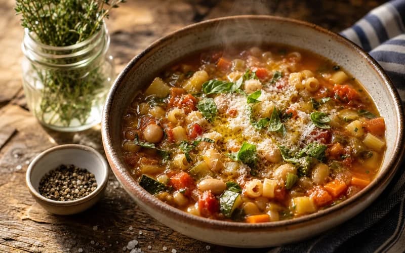 Minestrone aux haricots cannellini, recette italienne présentée dans une assiette