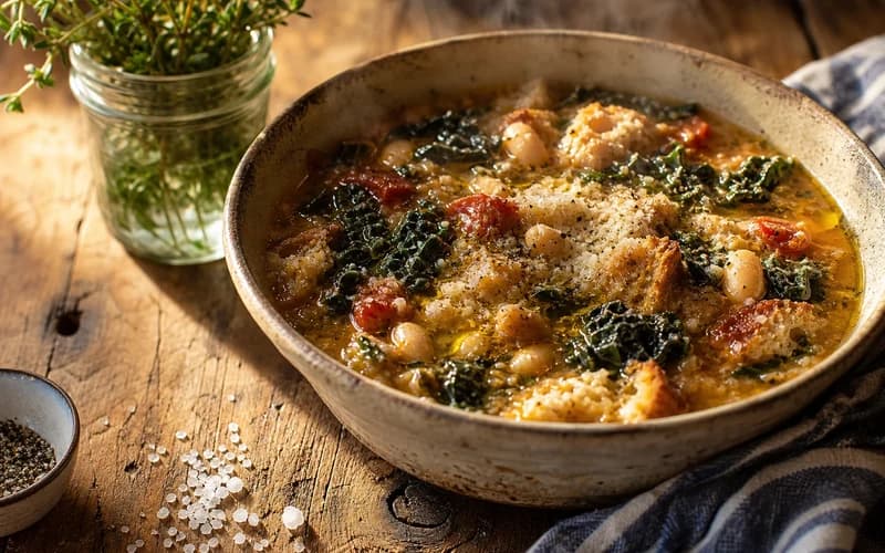 Soupière de ribollita toscane épaisse avec légumes, haricots blancs, chou noir et croûtons de pain rustique