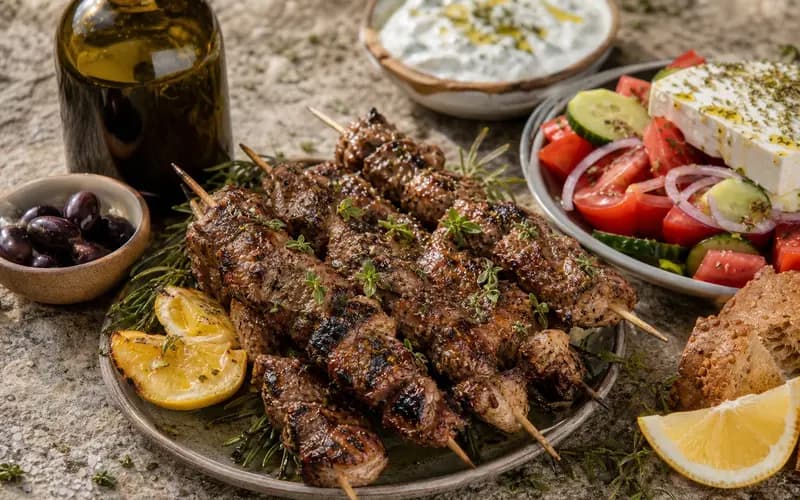Souvlaki d'agneau, recette grecque présentée dans une assiette