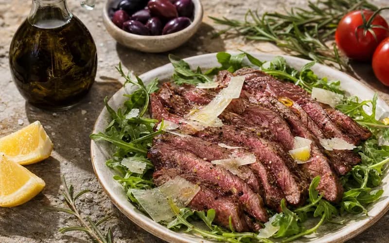 Tagliata de bœuf à la roquette, recette italienne présentée dans une assiette