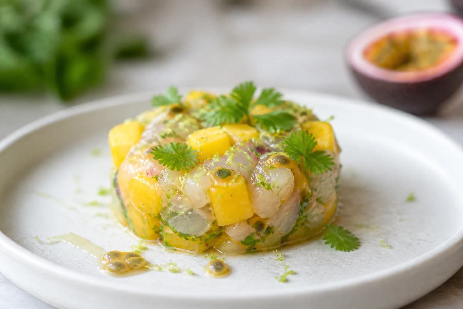 Tartare de bar, passion & mangue