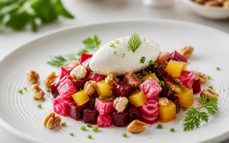 Tartare de betterave & chèvre frais, recette française présentée dans une assiette