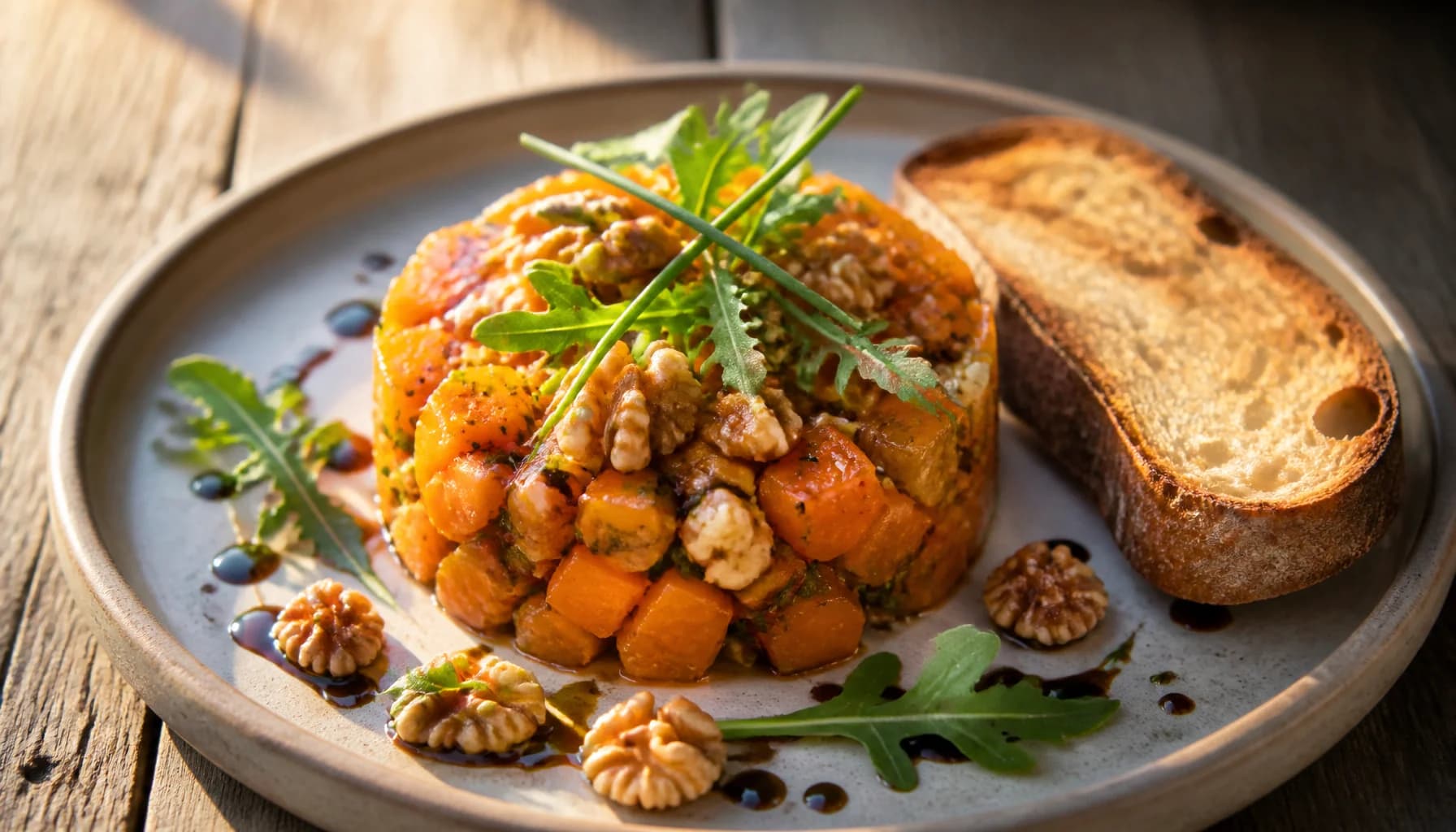 Etape 4 : Dresser et servir tiède — Tartare de butternut rôtie & noix