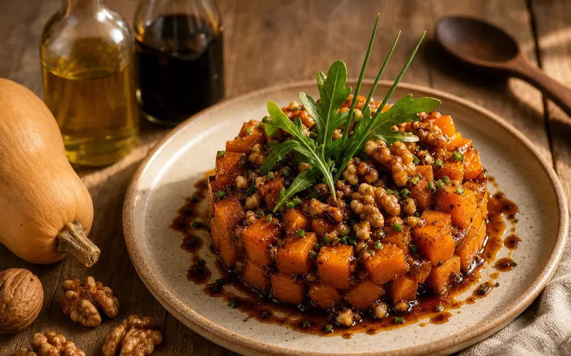 Tartare de butternut rôtie caramélisée dressé en dôme, noix concassées et herbes fraîches sur assiette ardoise