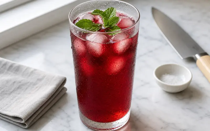 Thé glacé hibiscus rouge rubis servi avec glaçons et feuilles de menthe fraîche
