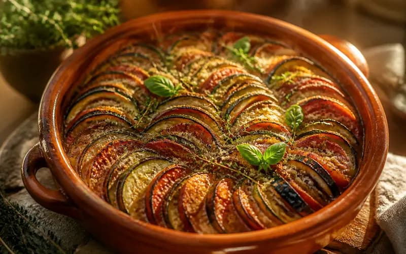 Tian provençal aux légumes du soleil, recette française présentée dans une assiette