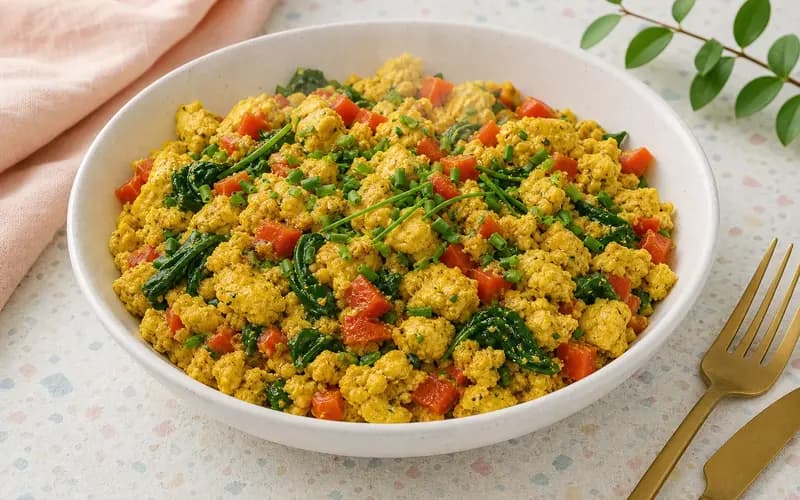 Tofu brouillé au curcuma façon œufs brouillés dans une poêle, avec poivrons rouges, épinards et ciboulette