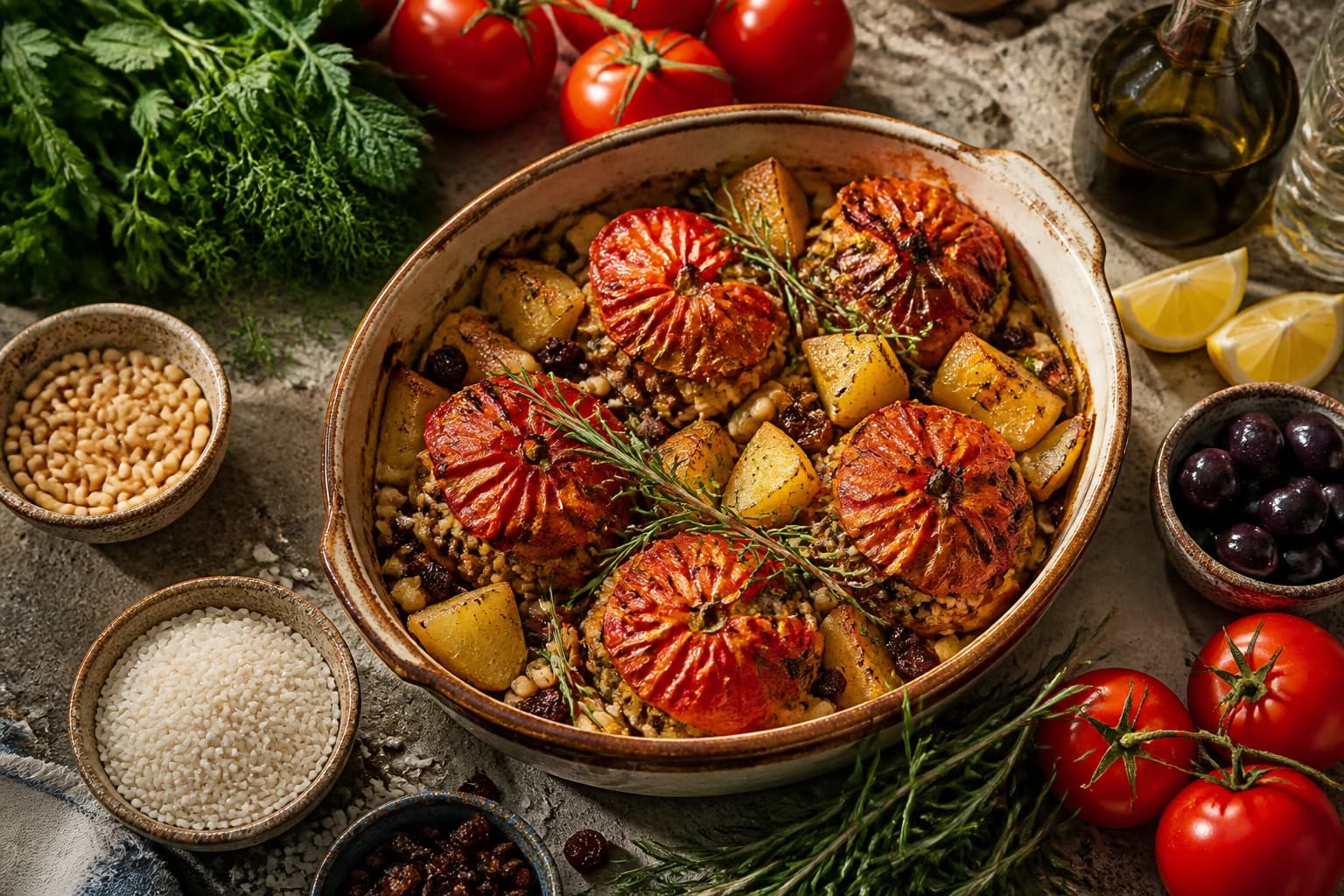Tomates farcies grecques gemista au riz et aux herbes fraîches rôties au four avec pommes de terre