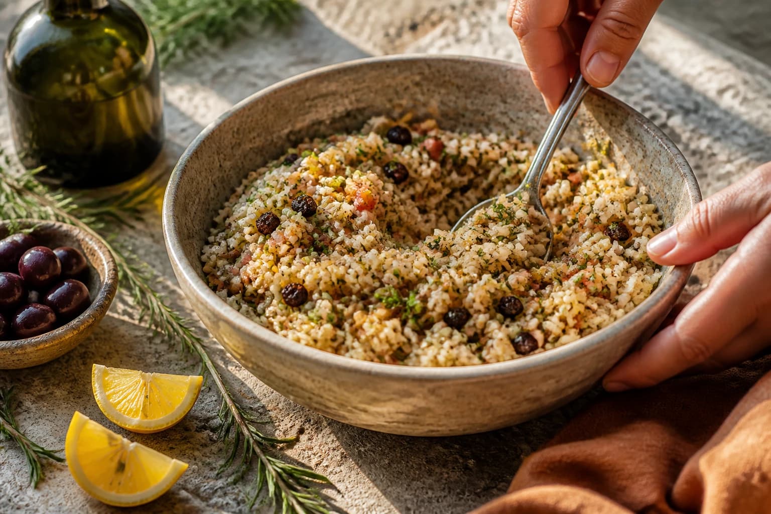 Etape 2 : Préparer la farce au riz et aux herbes — Tomates farcies grecques au riz