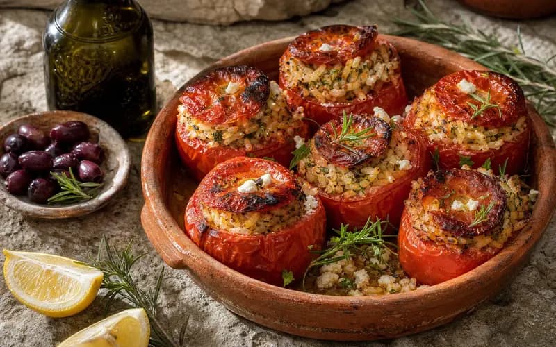 Tomates farcies grecques gemista au riz, légumes farcis au four en sauce tomate