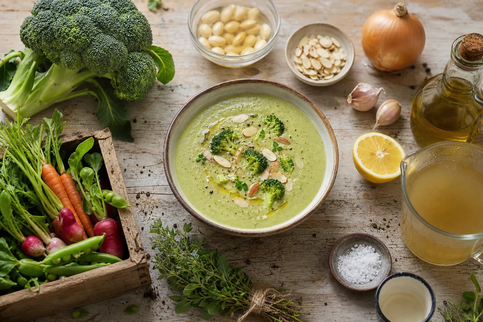 Velouté brocoli amande crémeux vegan servi en bol avec topping d'amandes effilées toastées et filet d'huile d'olive
