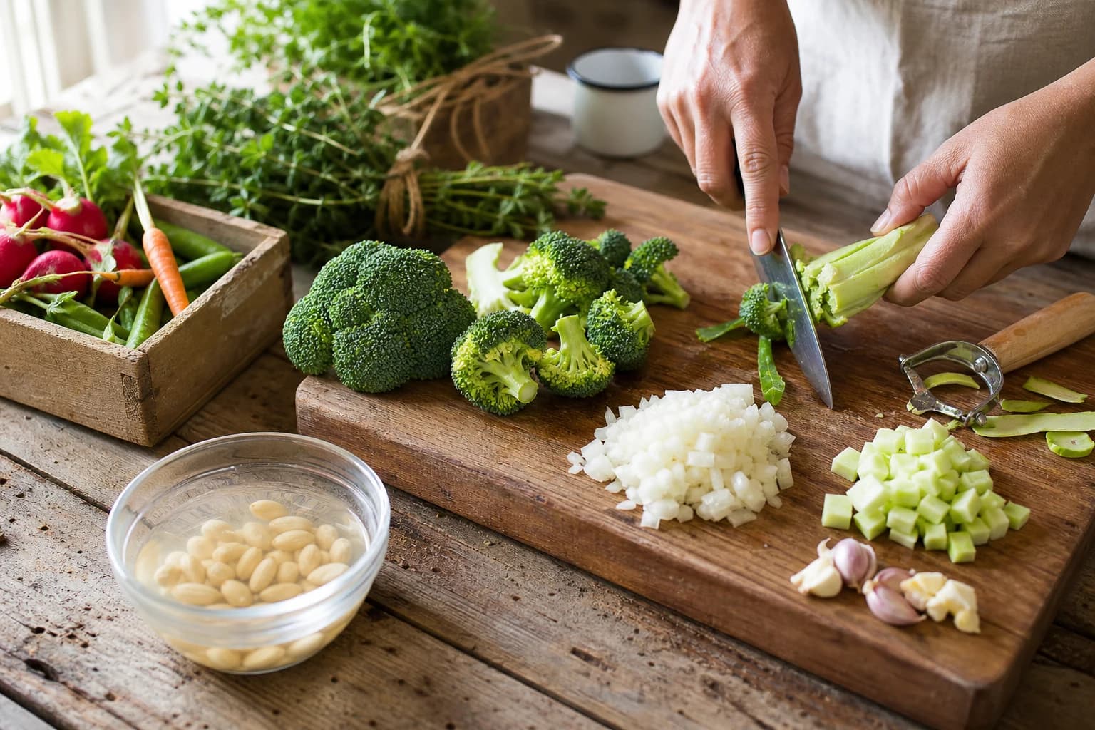 Etape 1 : Préparer les amandes et les légumes — Velouté de brocoli à l'amande