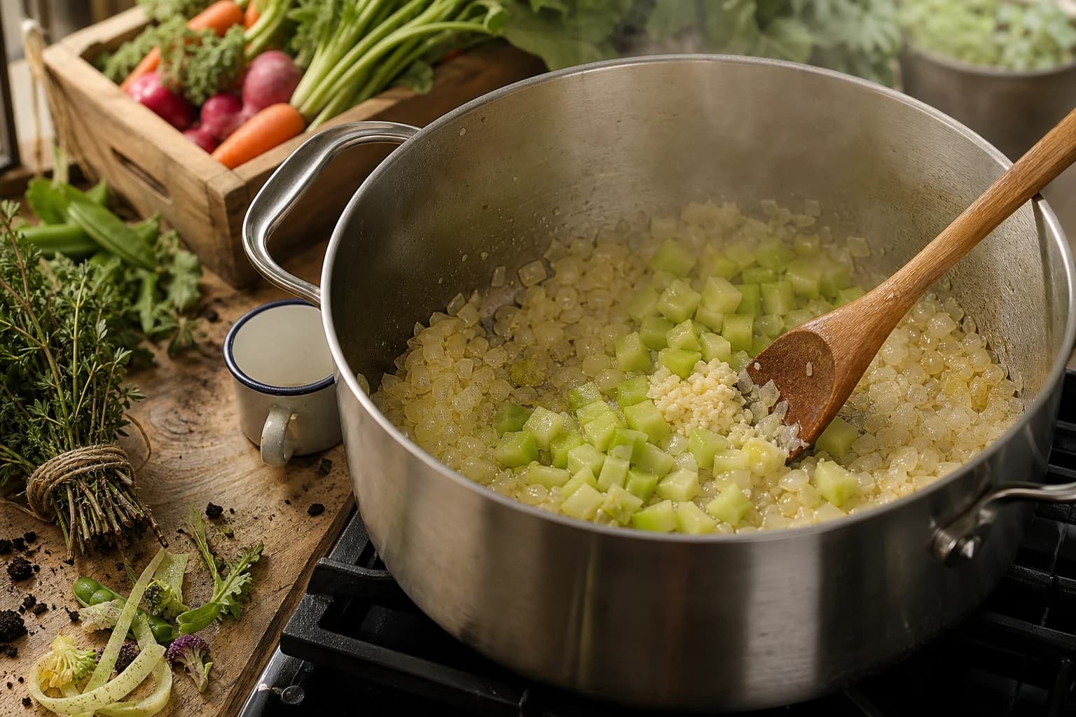 Etape 2 : Faire revenir l'aromatique — Velouté de brocoli à l'amande