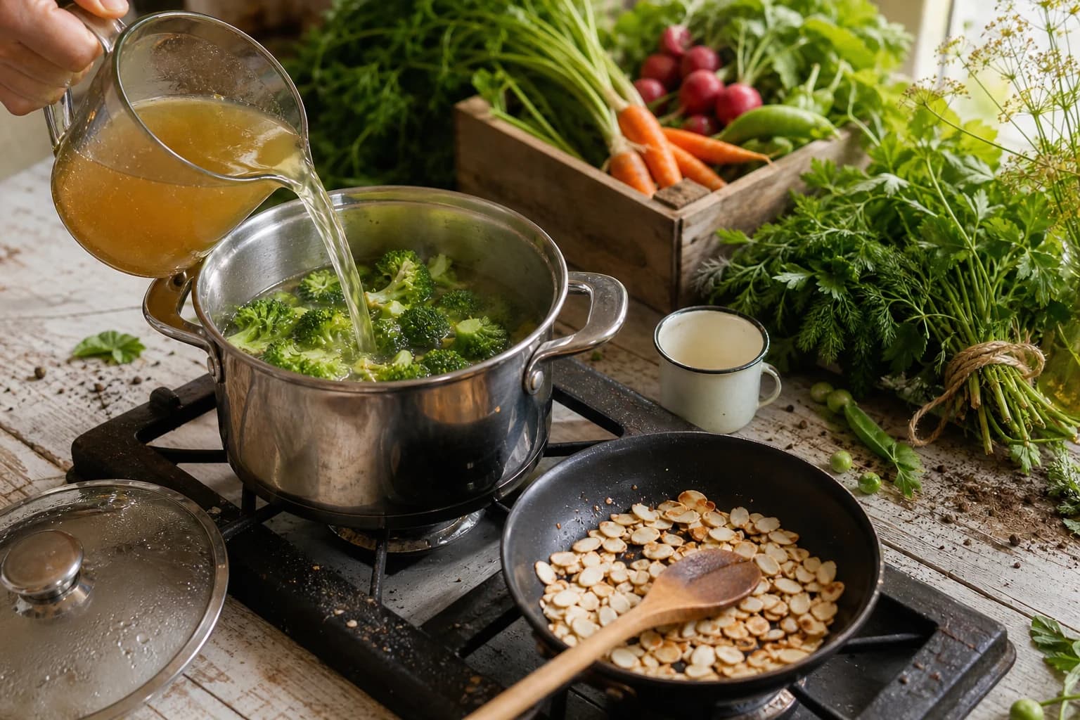 Etape 3 : Mijoter le brocoli dans le bouillon — Velouté de brocoli à l'amande