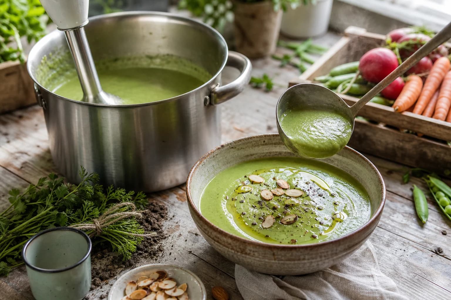 Etape 4 : Mixer, assaisonner et dresser — Velouté de brocoli à l'amande