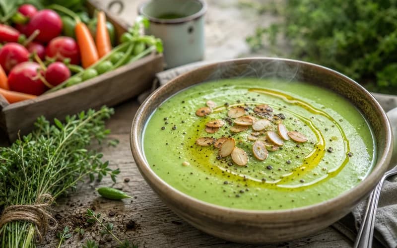 Bol de velouté vert intense de brocoli à l'amande, filet d'huile dorée et quelques têtes de brocoli en garniture