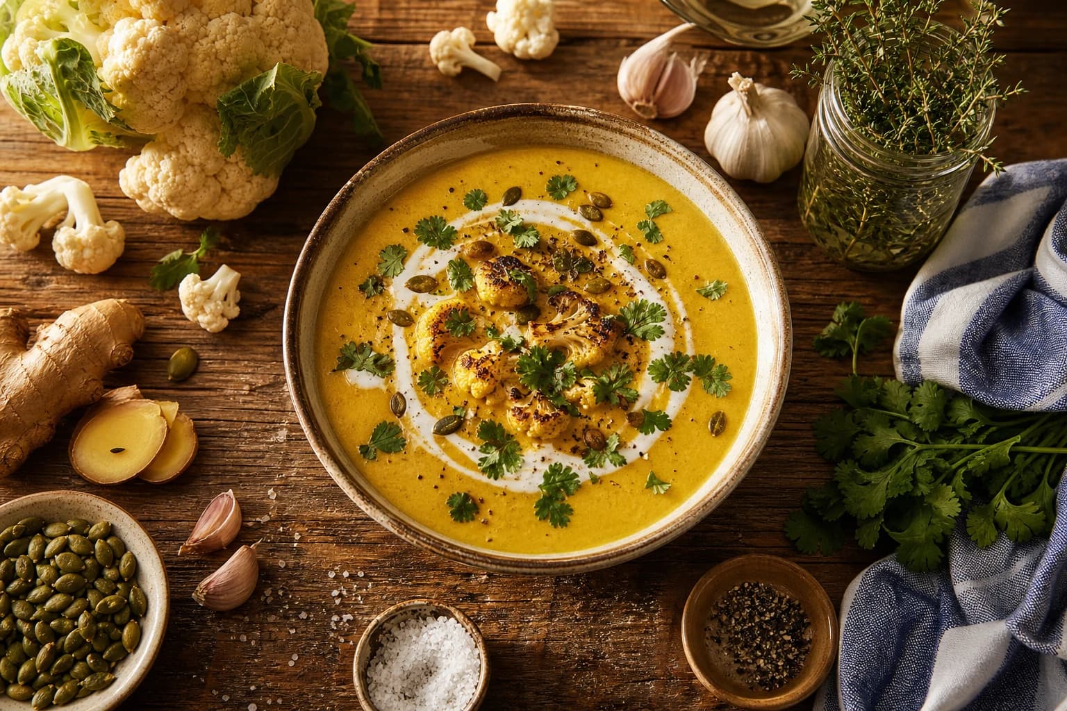 Velouté chou-fleur curry coco avec garniture de coriandre et graines de courge
