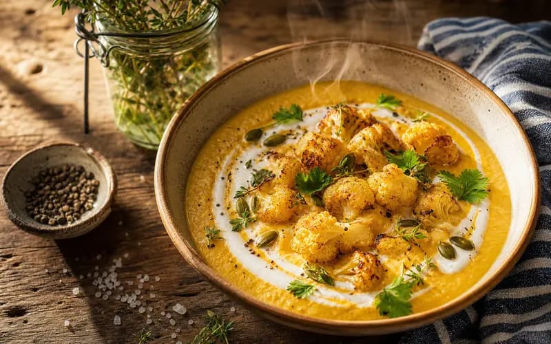 Bol de velouté de chou-fleur blanc crémeux au curry jaune et lait de coco, parsemé de coriandre fraîche