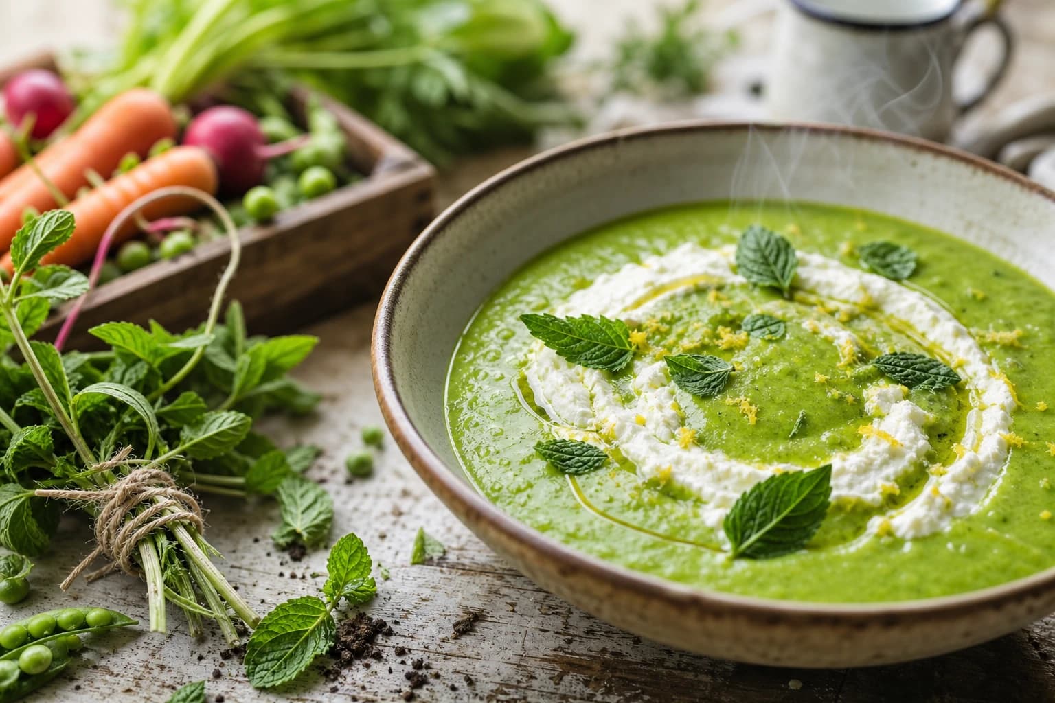 Velouté petits pois, menthe & fromage frais